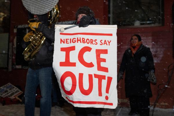 Demonstrators rally in protest against Immigration and Customs Enforcement (ICE) in Minneapolis, Monday. (Reuters-Yonhap)